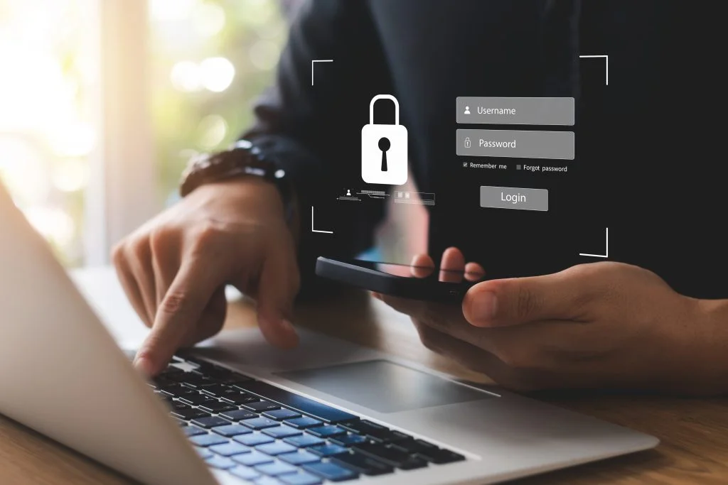 Cybersecurity internet and networking concept. Close up of hand