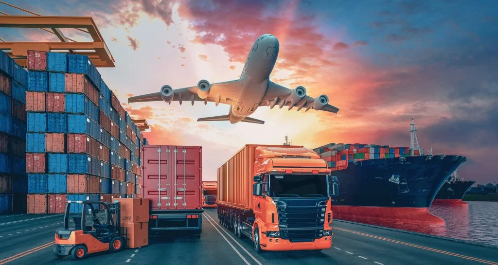 Transportation and logistics of Container Cargo ship and Cargo plane. 3d rendering and illustration.