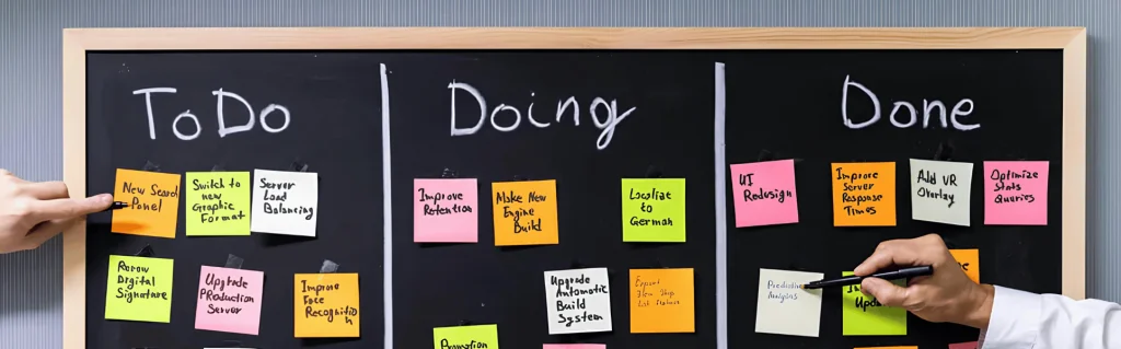 Man sieht eine Tafel, auf der verschieden farbige Post-its gelebt sind in 3 Spalten. Die Spalten heißen von links nach rechts: "To-do", "Doning", "Done".
